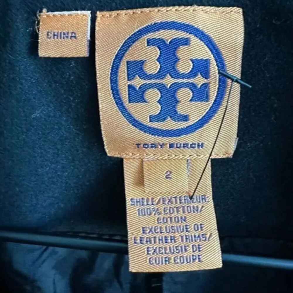 Tory Burch Double Breasted Buckle Accent Leather‎ Trim Military Jacket Black 2